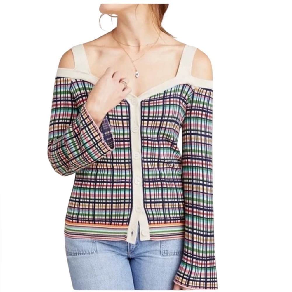 Anthropologie Krissy Plaid Open Shoulder Cardigan
